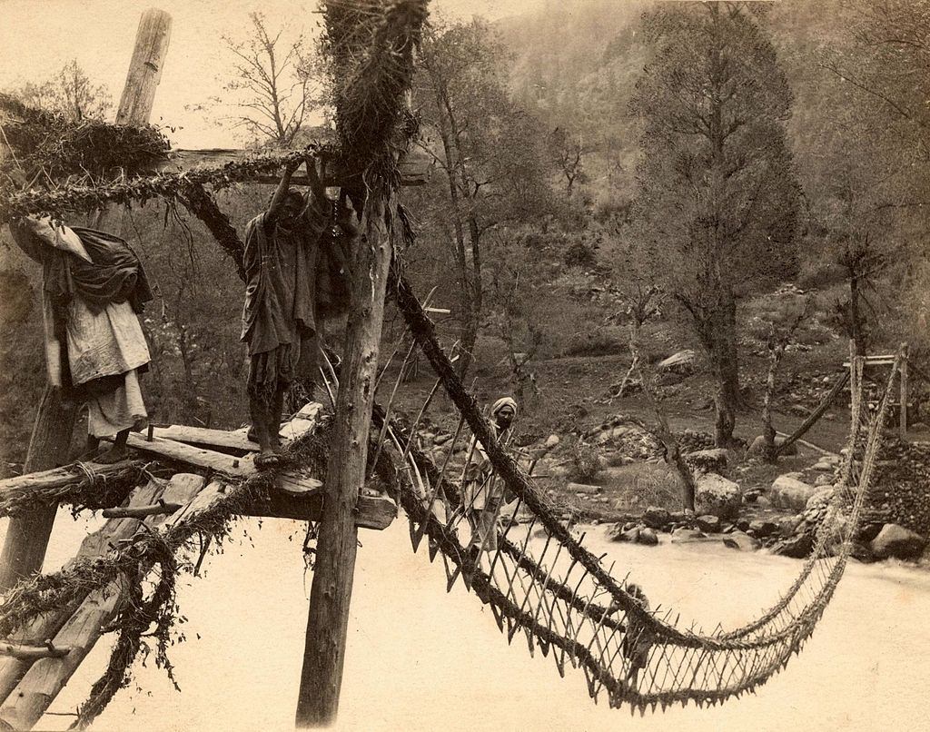 A rope bridge at Rampur in India, circa 1870.