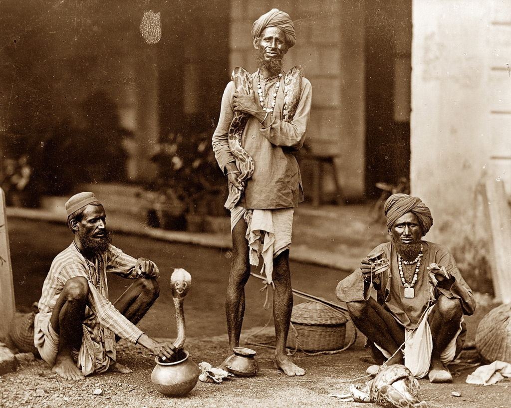 Indian snake charmers in India, circa 1870.