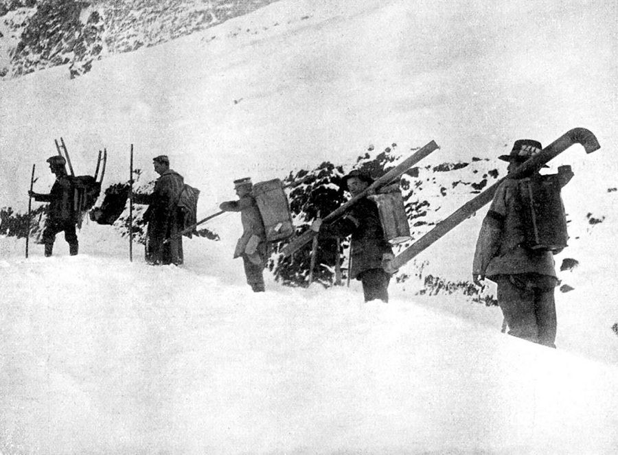 A Hungarian Workers Unit transports oven components for use in soldier shelters in the Dolomites. 1916.