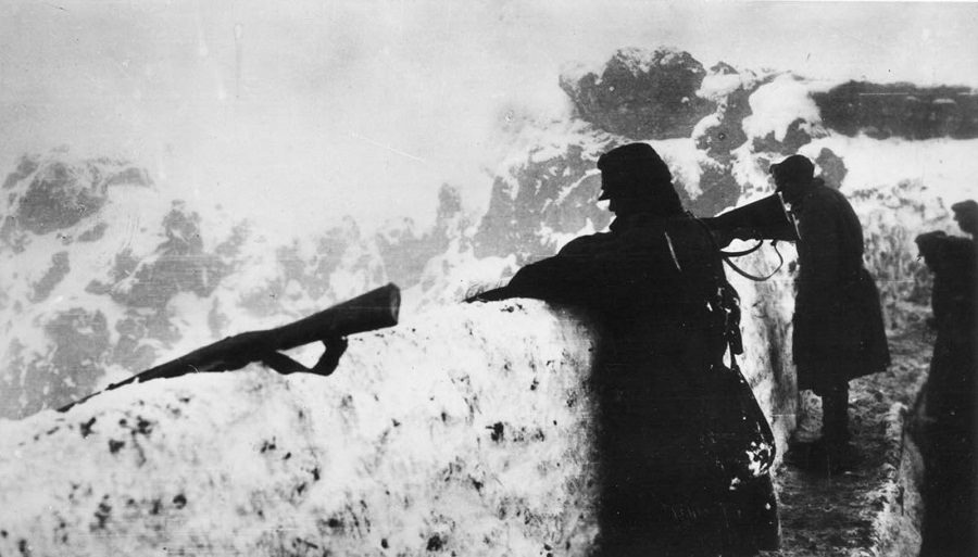 Austrian forces watch the front line from a high point. 1917.