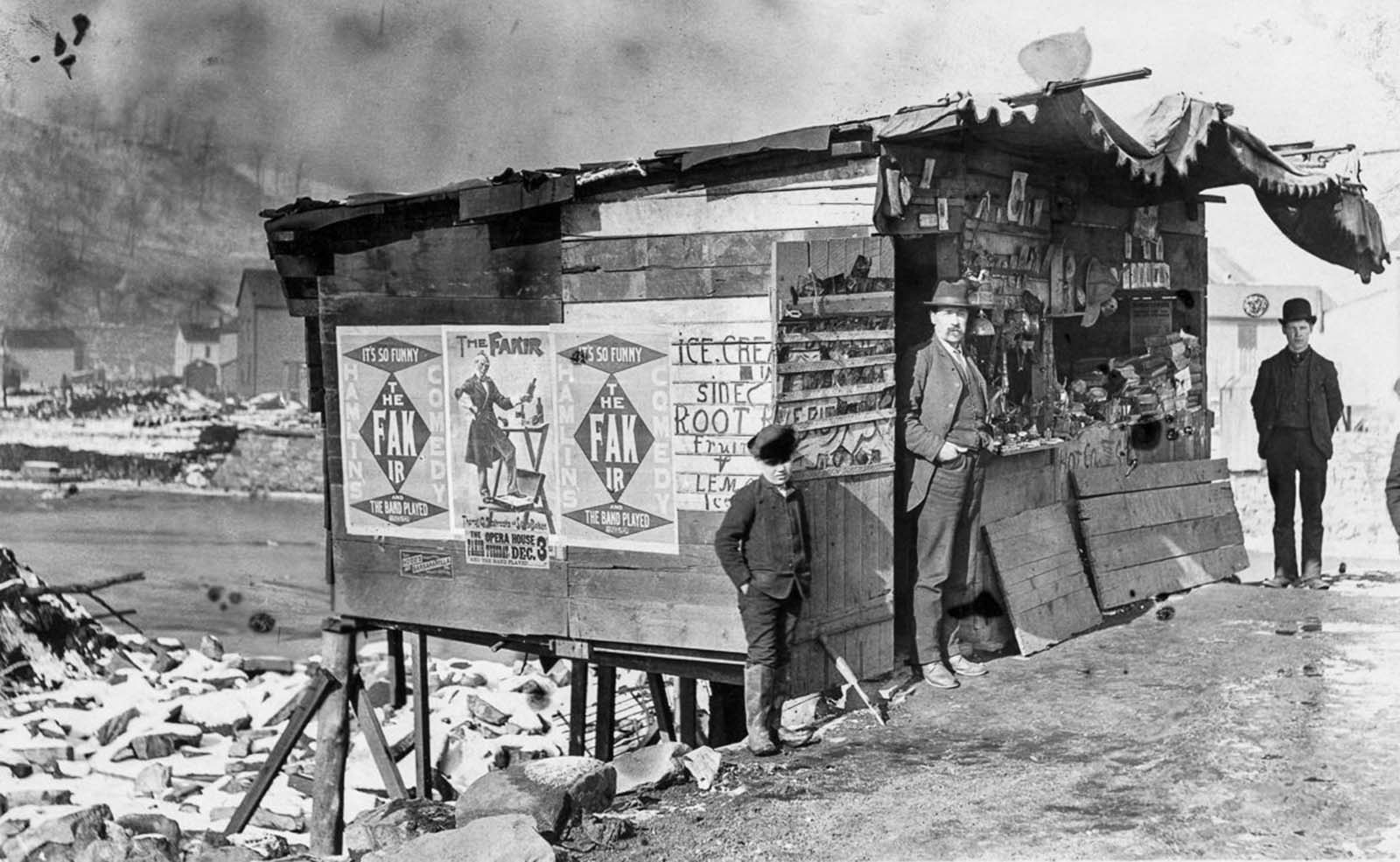 A souvenir stands sells flood memorabilia.