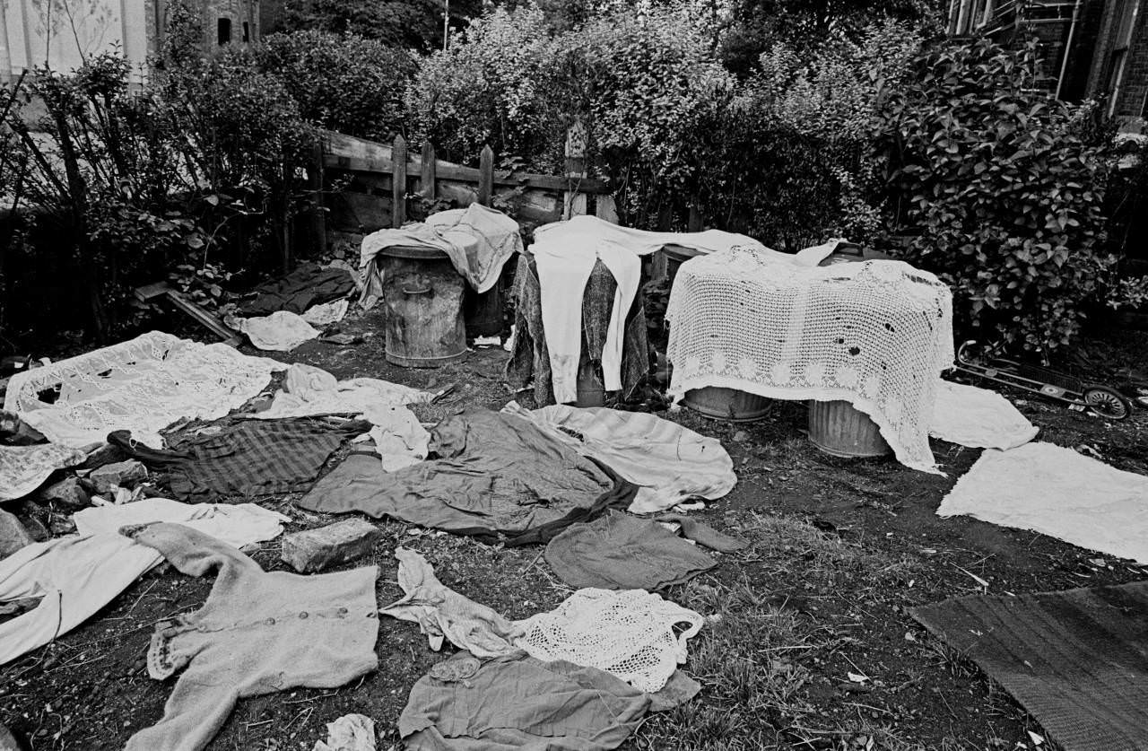 Clothes drying in garden of Moss Side multi let 1969