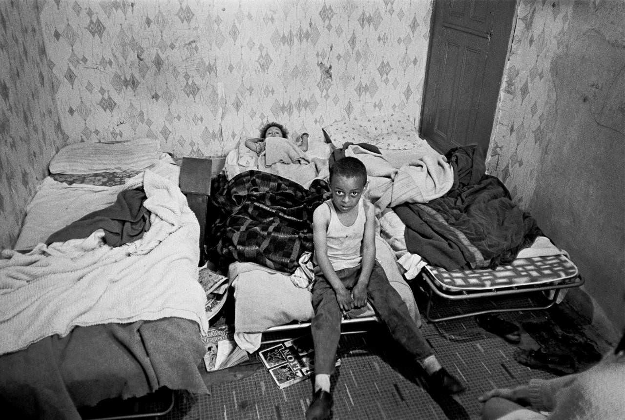 Children in their bedroom Manchester 1971.