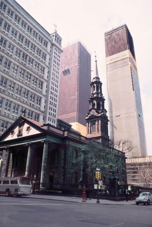 St. Paul's Chapel with the WTC under construction in the background, Broadway at Fulton St., Manhattan, 1970