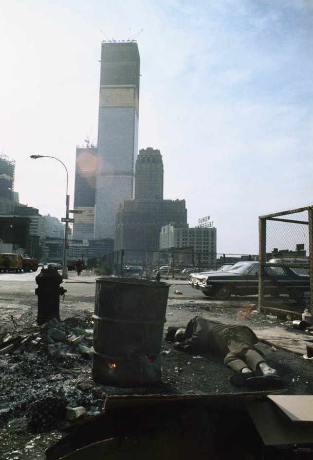 View of the World Trade Center under construction from Duane Street, Manhattan, 1970.