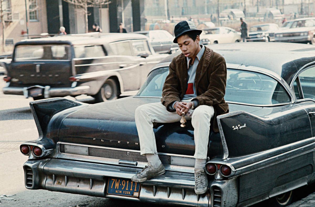 Stripped Pontiac LeMans under the Brooklyn Bridge, Manhattan, 1970