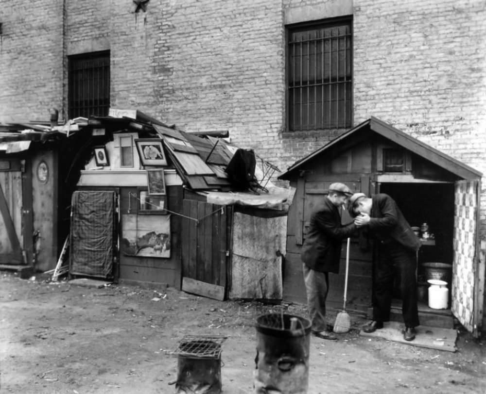 Huts and unemployed, West Houston and Mercer Street, Manhattan.