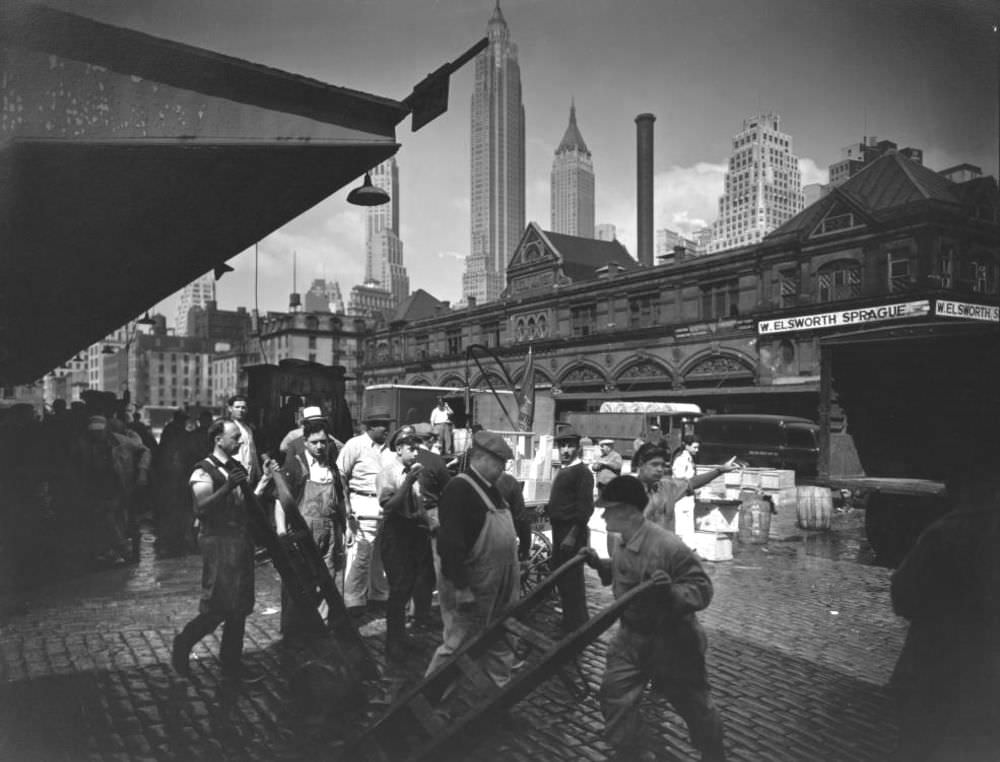 Scene at Fulton Street fish market, the most important wholesale fish market in the US and an integral part of the East River waterfront for almost two centuries.