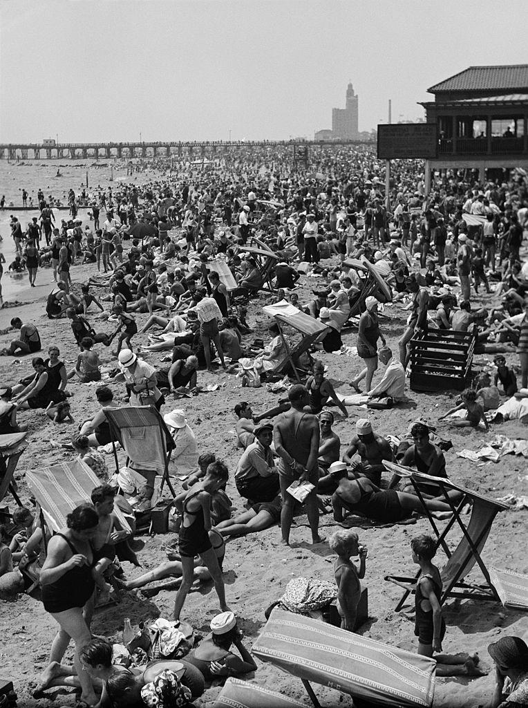 Crowd on the beach at Coney Island, New York City, 1930.