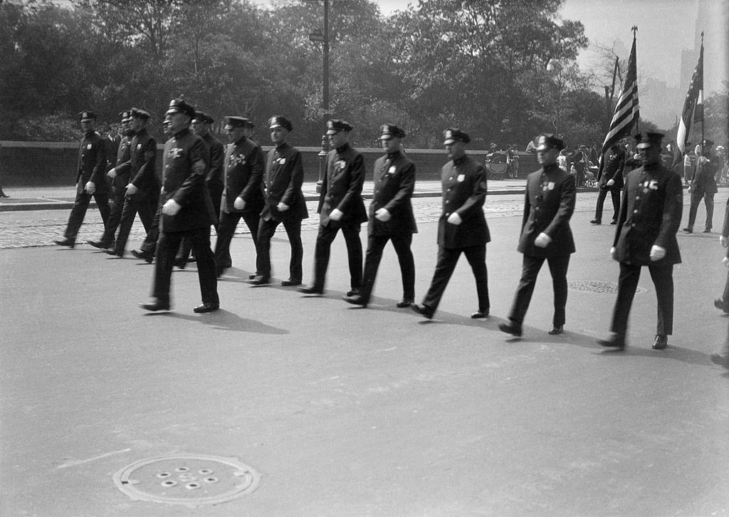 Policemen Take Part in Memorial Day Parade on Central, New York City, 1930.