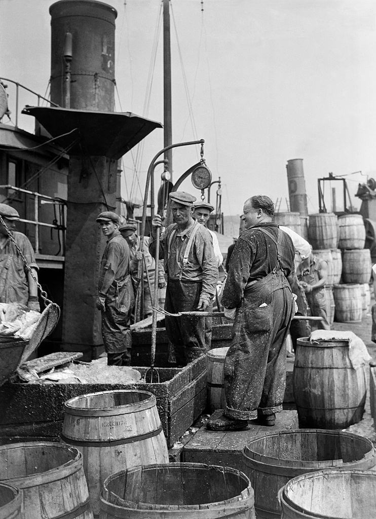 The fish market near Fulton and South Streets, Lower Manhattan, New York City, 1930.