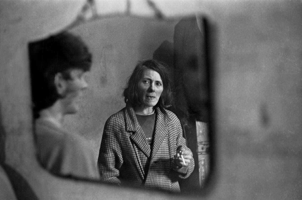 Mother and son reflected in mirror West End Newcastle upon Tyne 1971