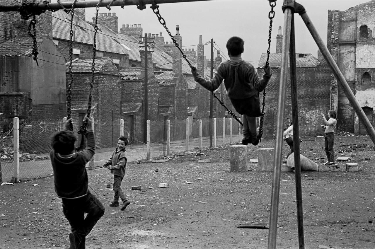 Children playing in a derelict playground, Newcastle upon Tyne 1971