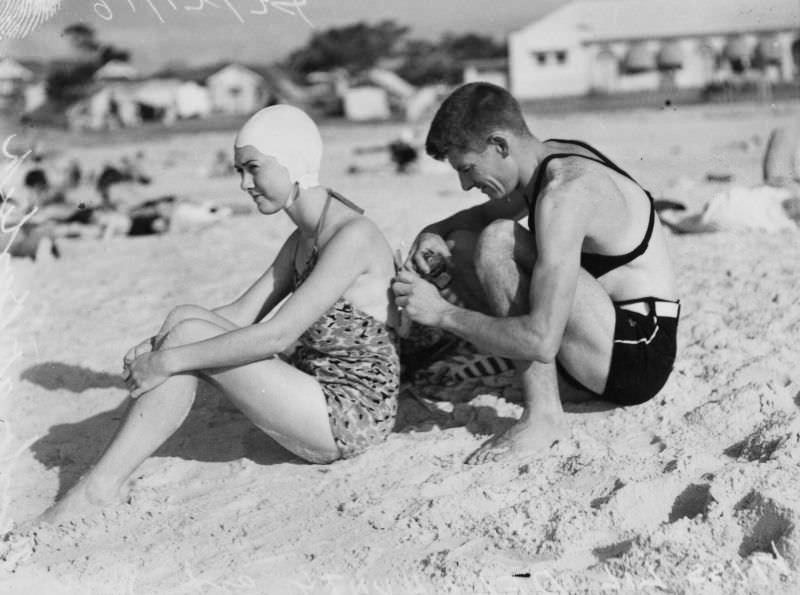 Bathers on the beach at Burleigh, Queensland