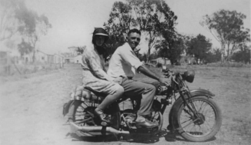 Couple on a motorcycle, Blackall, Queensland