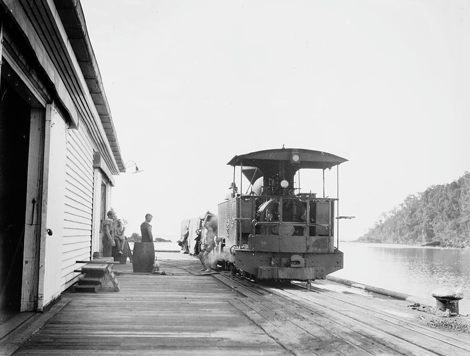 Steam train loaded with sugar cane at a station in Queensland, 1930.