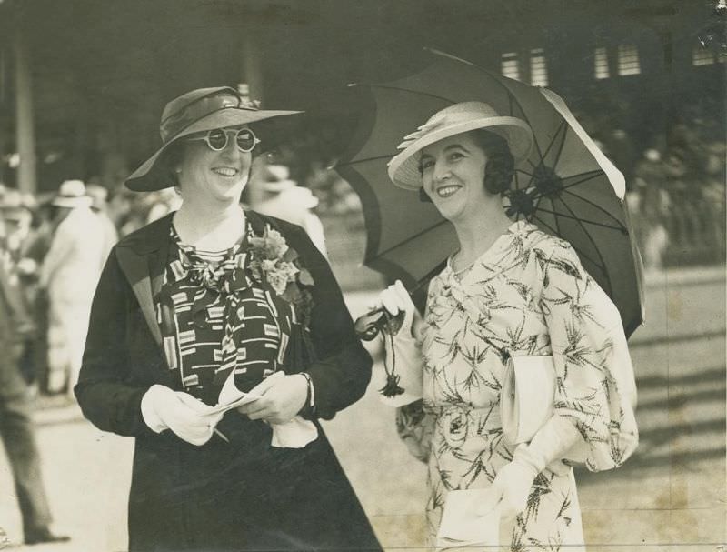 Two ladies enjoying a day out at the races, Ascot racetrack, Brisbane, Queensland