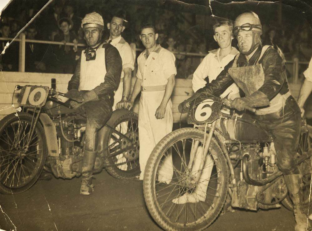 Cec O'Mara and Ben Unwin on their motocycles at a speedway race at Davies Park in Brisbane, 1930.