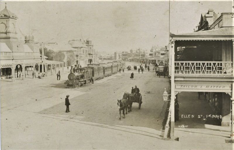 The building on the left is the railway station, Ellen Street, Port Pirie, circa early 1900s