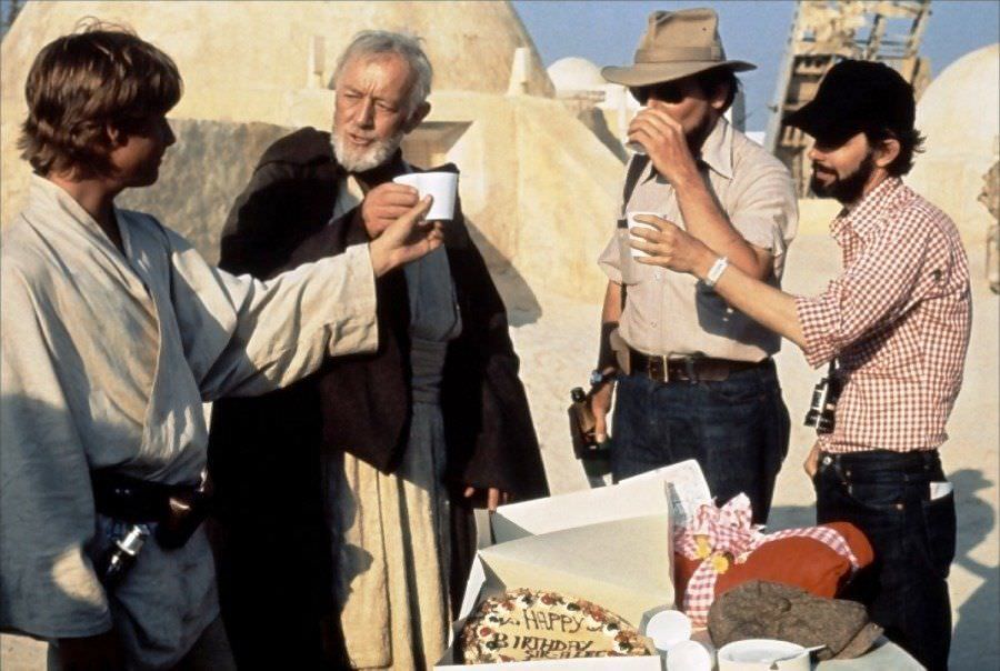 Cast members celebrate Alec Guinness' birthday on the Tunisian set of A New Hope.