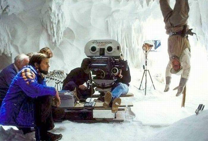 Mark Hamill endures a less than comfortable position while filming the scene in which he is held captive by a Wampa, during the opening scenes of The Empire Strikes Back.