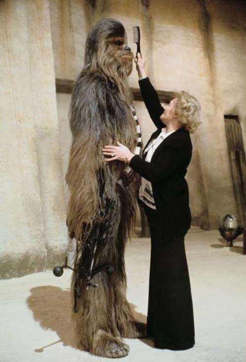 Chewbacca gets his hair brushed before filming of The Empire Strikes Back.