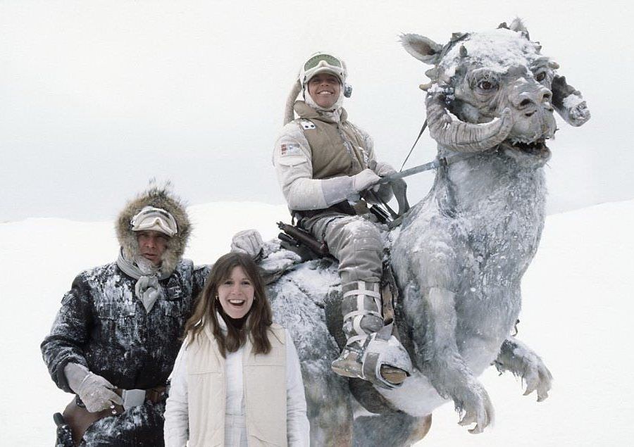 Despite freezing temperatures during filming in Norway, Harrison Ford, Carrie Fisher and Mark Hamill enjoy a laugh.