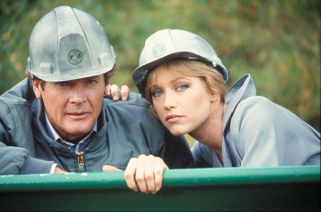 Tanya Roberts with Roger Moore in a scene form the movie 'A View to Kill', 1984