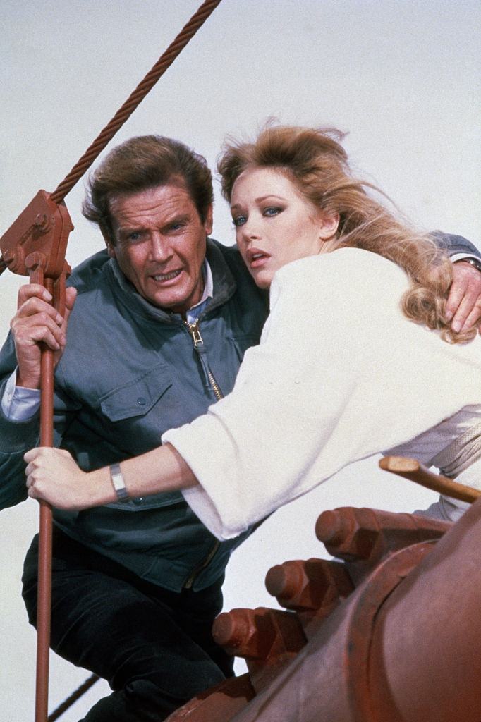 Tanya Roberts with Roger Moore on the set of the 'A View to a Kill', 1984