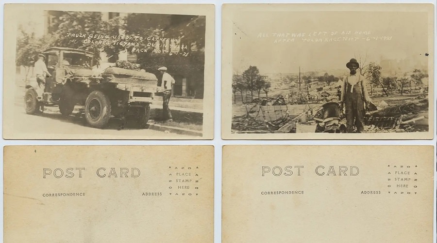 Left: A truck transports the bodies of the dead on June 1, 1921. Right: A man combs through the ruins of his home on June 1, 1921.