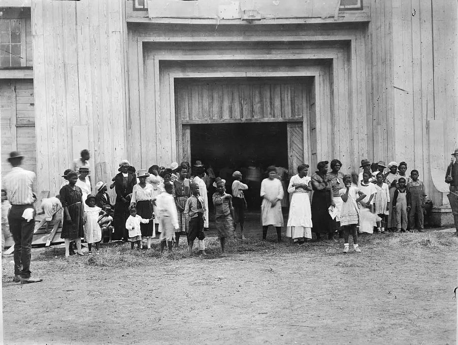 The entrance to a refugee camp on the Tulsa Fairgrounds, 1921.