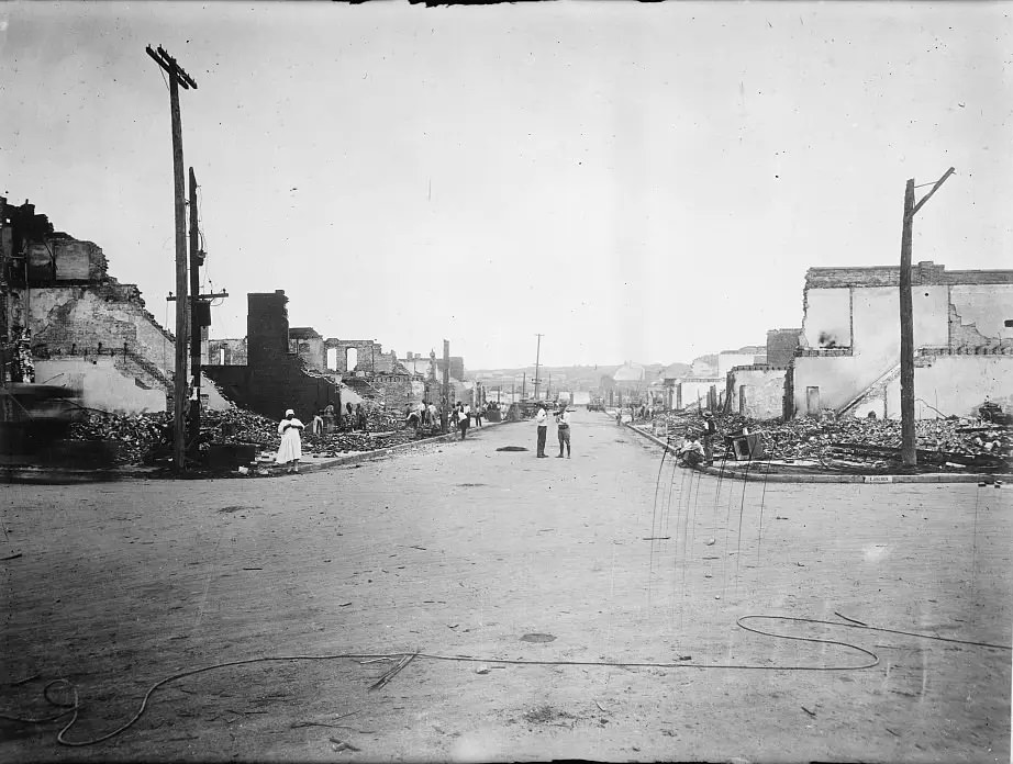 Tulsa's Greenwood District is left in ruins on June 1, 1921.