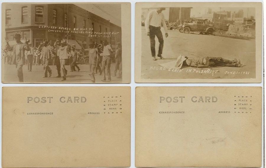 Left: Captured Black residents are transported to the Tulsa convention hall on June 1, 1921. Right: The body of a Black man in the street on June 1, 1921.