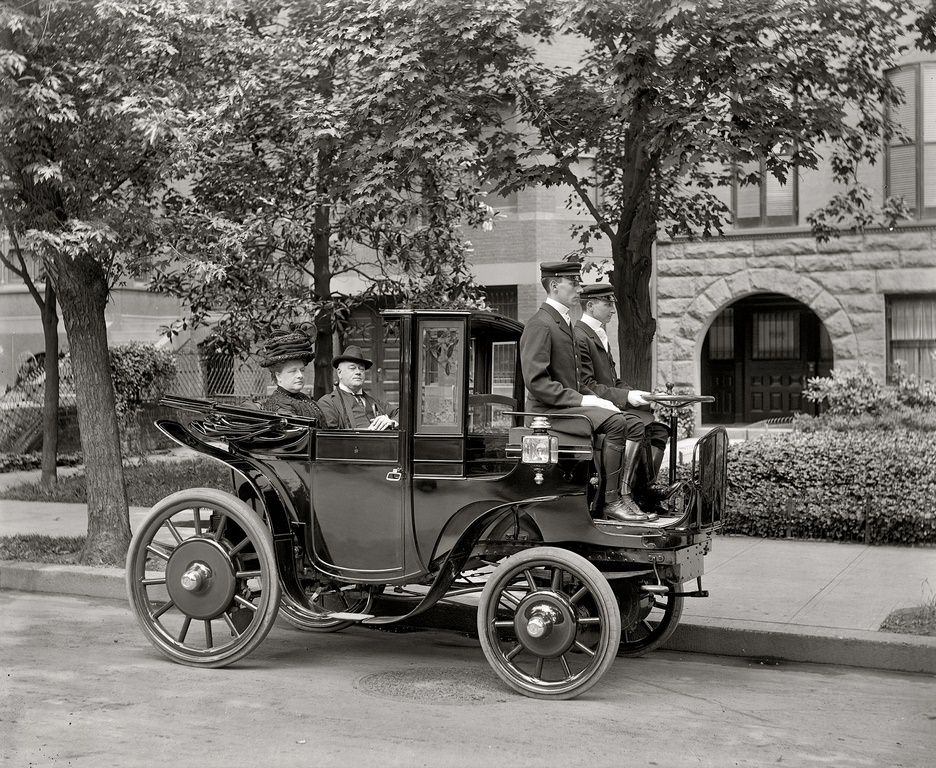 Senator George P. Wetmore in an electric car. Washington, D.C., circa 1906.
