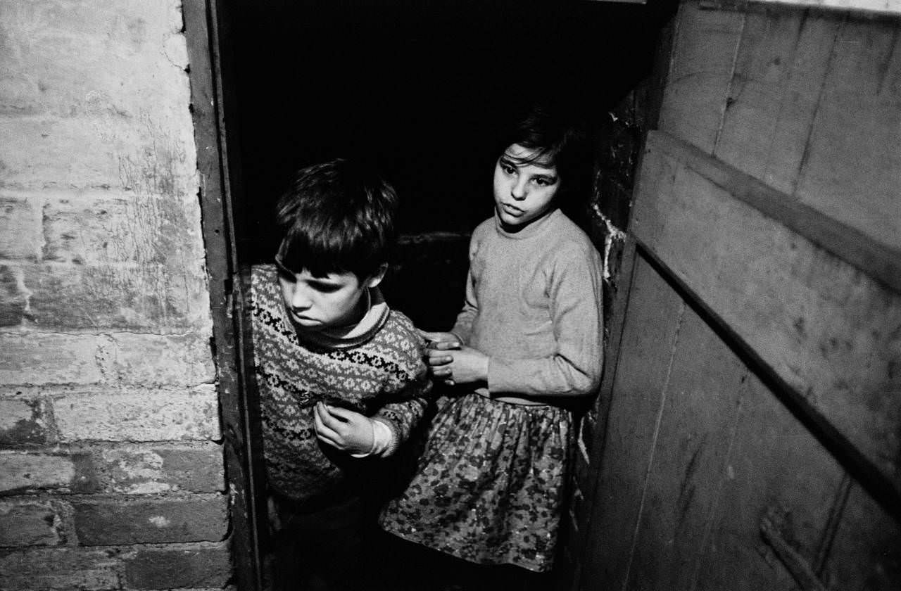 Brother and sister in cellar of their Bradford house, 1969