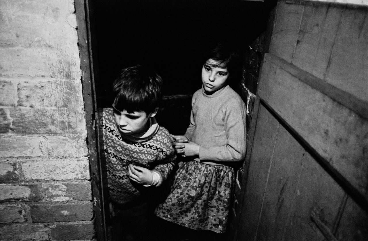 Brother and sister in cellar of their Bradford house, 1969