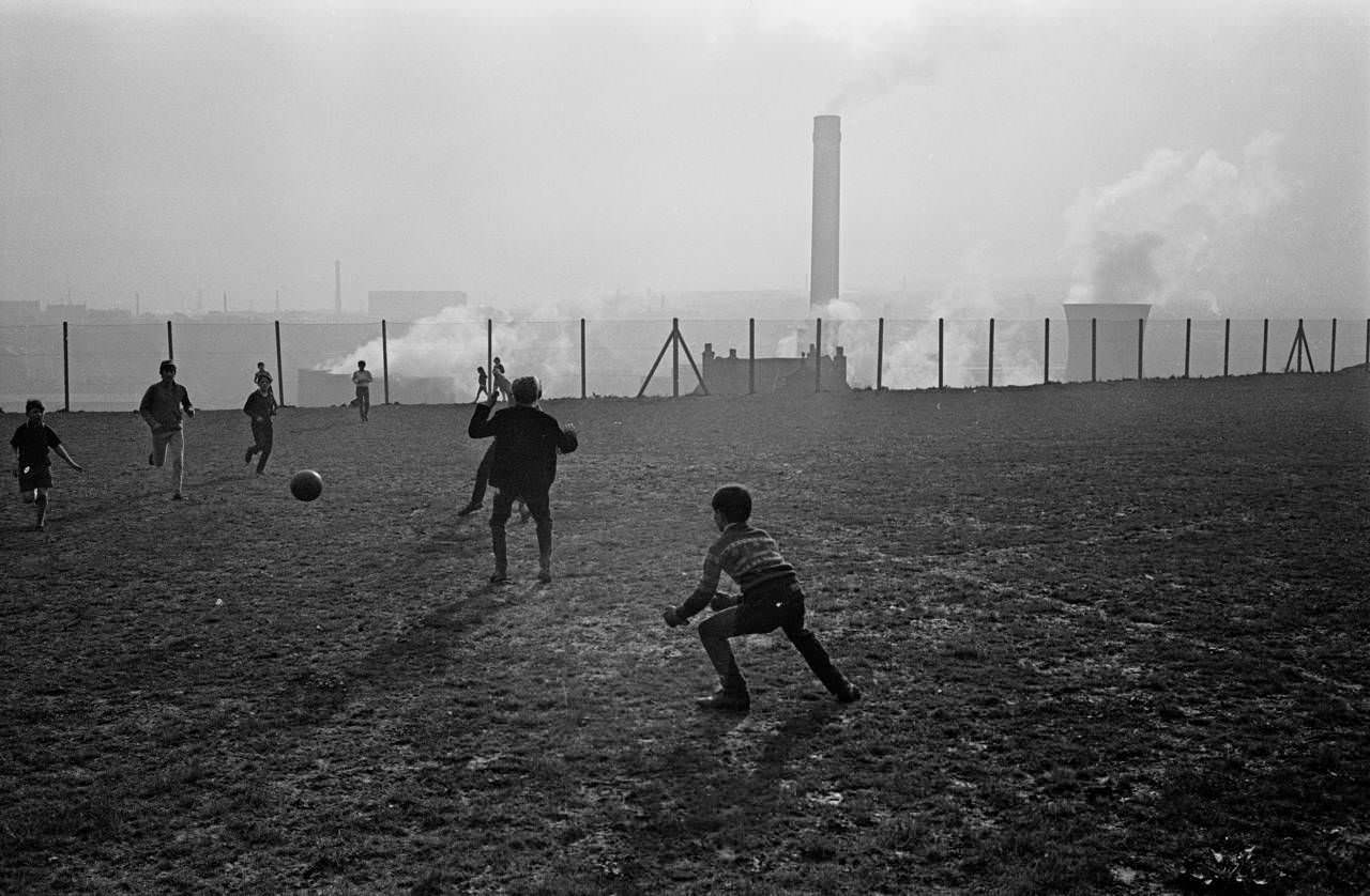 Football above the power station, Bradford, 1969