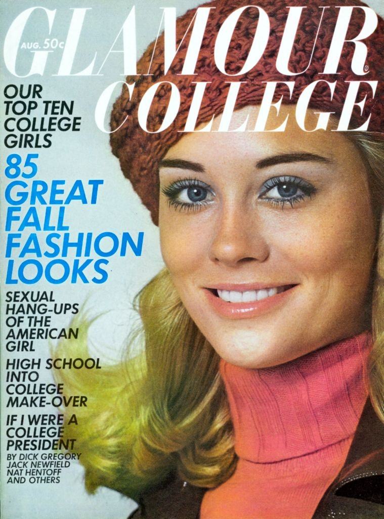 Cybill Shepherd featured on Glamour Cover in red knit Jane Irwill sweater, 1969.