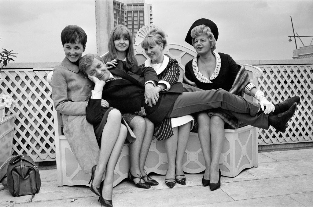 Michael Caine with the cast of the movie 'Alfie', Jane Asher, Julia Foster and Shelley Winters.