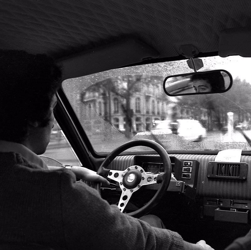 Man driving his Renault 5, Paris, 1978