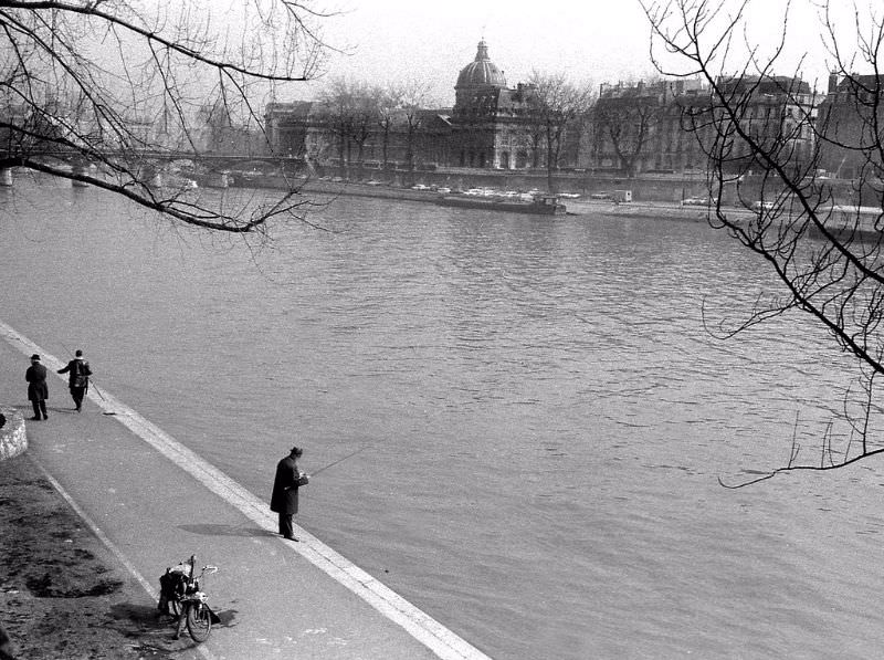 Man fishing in The Seine, Paris, 1971
