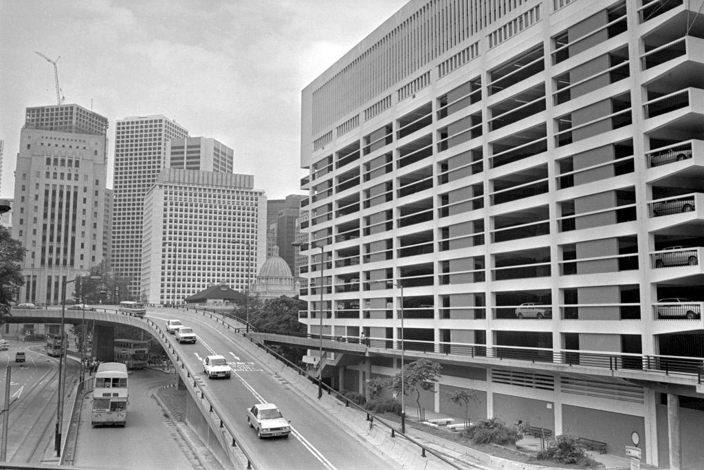 Murray Multi-storey car park with the Bank of China Building. August 1982.