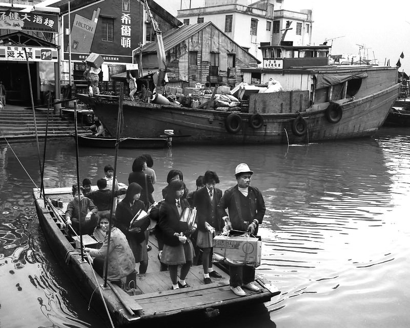 Local rope ferry in the fishing village of Tai-O,crossing has since been replaced with a pedestrian bridge. Hong Kong, 1986