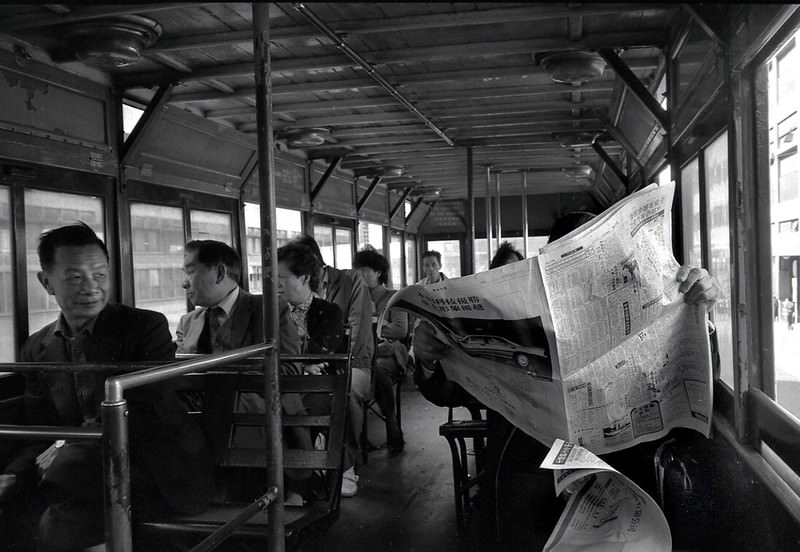 Passengers on the Hong Kong tram,Queen's Road. Hong Kong, 1987.