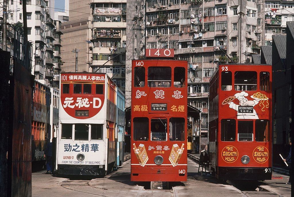 Three Trams. Hong Kong, 1980.