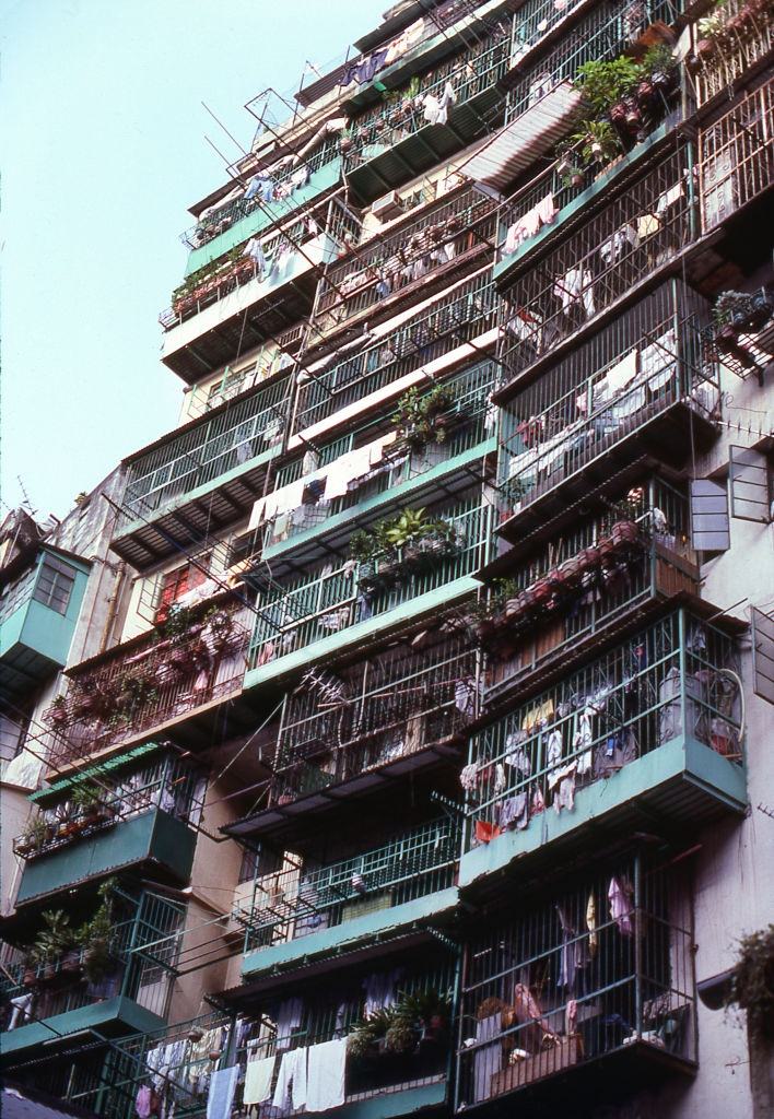 Balconies of Crowded High Rise in Kowloon Walled City in 1980s