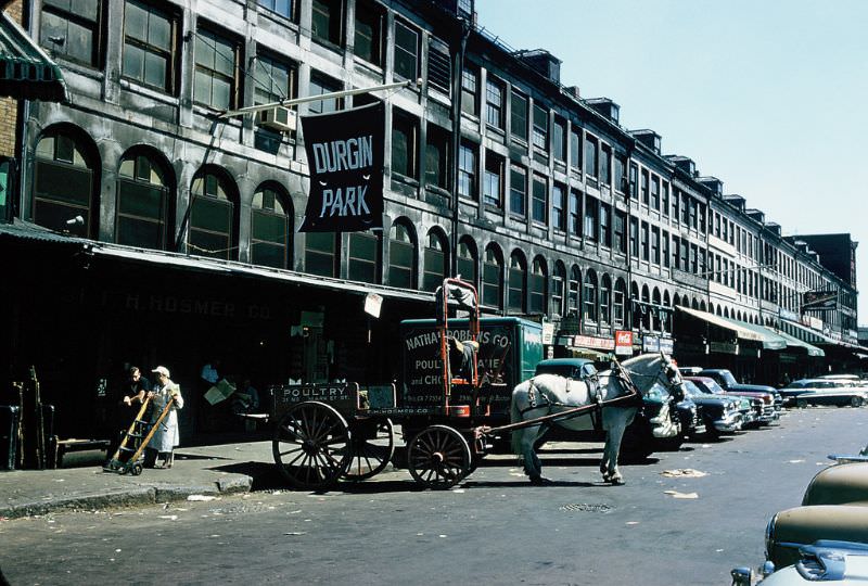 Meat and produce shops in downtown Boston, Massachusetts. June 1957