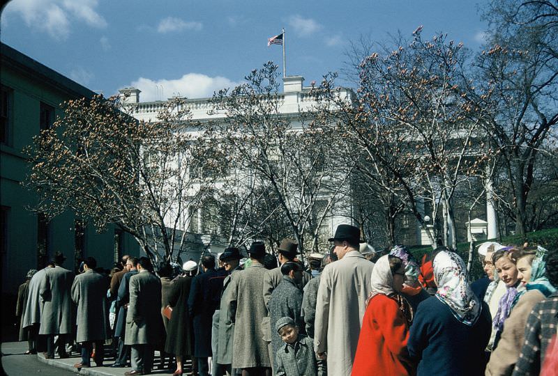 Crowd lined up for White House tour, Washington, D.C., May 1956