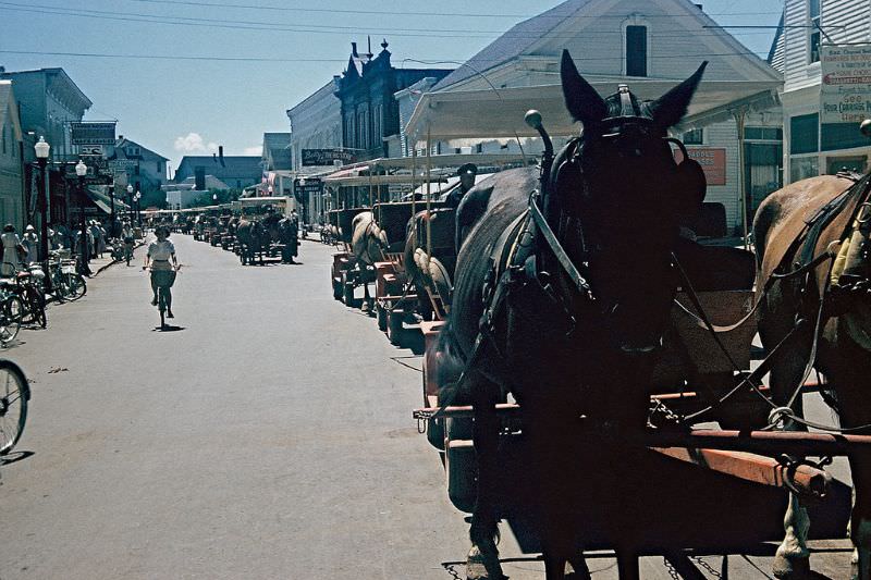 Lineup of horses and carriages, Mackinac Island, Michigan. May 1959