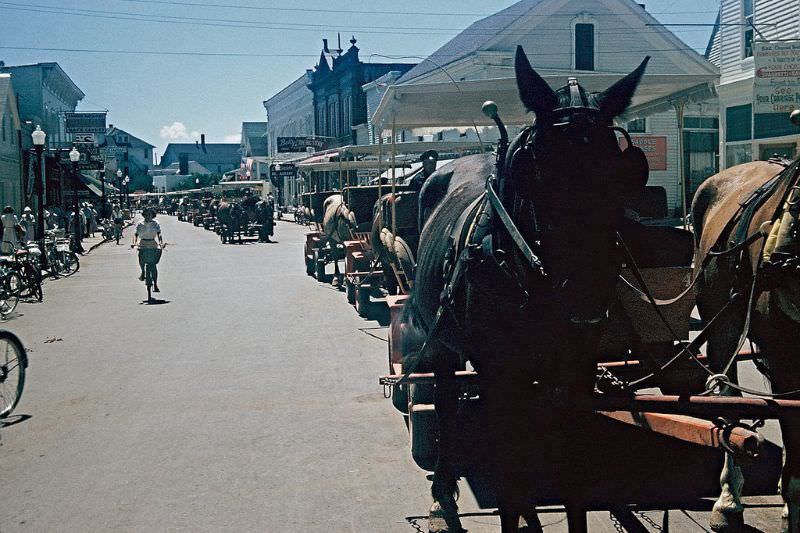 Lineup of horses and carriages, Mackinac Island, Michigan. May 1959